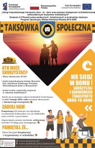 Plakat zawierające logo instytucji. Na środku ciemne postacie kobiety i mężczyzny na wózku inwalidzkim. Na dole grupa kilka osób z niepełnosprawnościami.